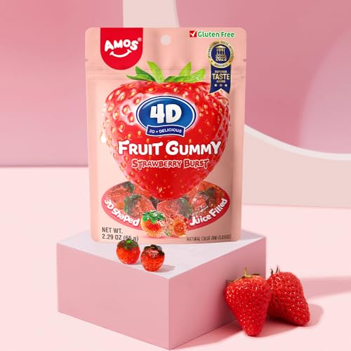 Amos 4D Gummy Candy Strawberry Burst - Fruity, Jelly-Filled, Natural Flavor - Resealable 6oz Bags (3Pack)