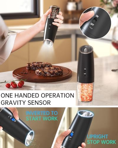 Automatic Rechargeable Gravity Electric Salt and Pepper Grinder Set - 1pc/2pcs, Adjustable Coarseness, LED Light, Washable 135ml Container - For Home Kitchen BBQ