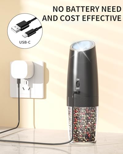 Automatic Rechargeable Gravity Electric Salt and Pepper Grinder Set - 1pc/2pcs, Adjustable Coarseness, LED Light, Washable 135ml Container - For Home Kitchen BBQ