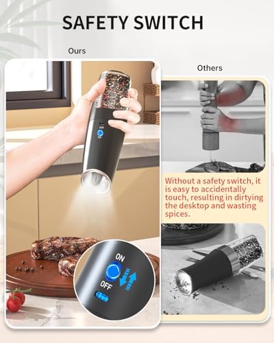 Automatic Rechargeable Gravity Electric Salt and Pepper Grinder Set - 1pc/2pcs, Adjustable Coarseness, LED Light, Washable 135ml Container - For Home Kitchen BBQ