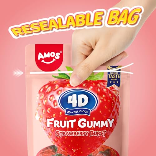 Amos 4D Gummy Candy Strawberry Burst - Fruity, Jelly-Filled, Natural Flavor - Resealable 6oz Bags (3Pack)