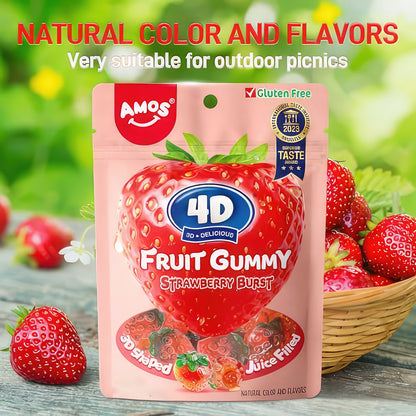 Amos 4D Gummy Candy Strawberry Burst - Fruity, Jelly-Filled, Natural Flavor - Resealable 6oz Bags (3Pack)