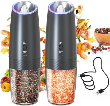 Automatic Rechargeable Gravity Electric Salt and Pepper Grinder Set - 1pc/2pcs, Adjustable Coarseness, LED Light, Washable 135ml Container - For Home Kitchen BBQ