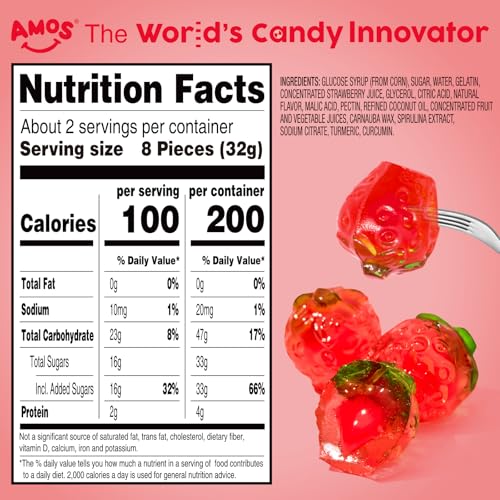 Amos 4D Gummy Candy Strawberry Burst - Fruity, Jelly-Filled, Natural Flavor - Resealable 6oz Bags (3Pack)