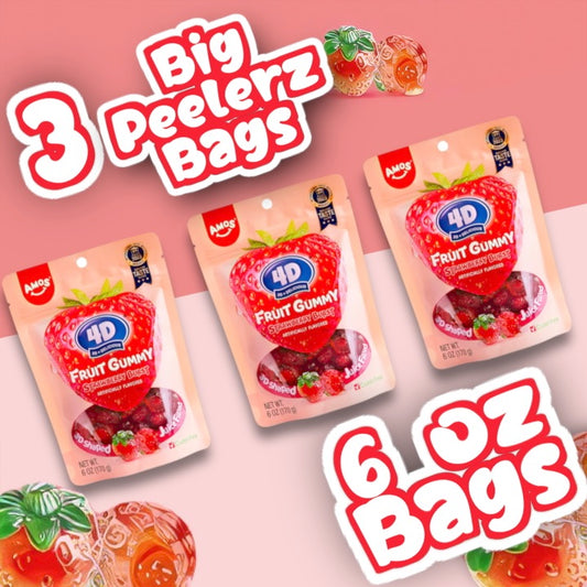 Amos 4D Gummy Candy Strawberry Burst - Fruity, Jelly-Filled, Natural Flavor - Resealable 6oz Bags (3Pack)