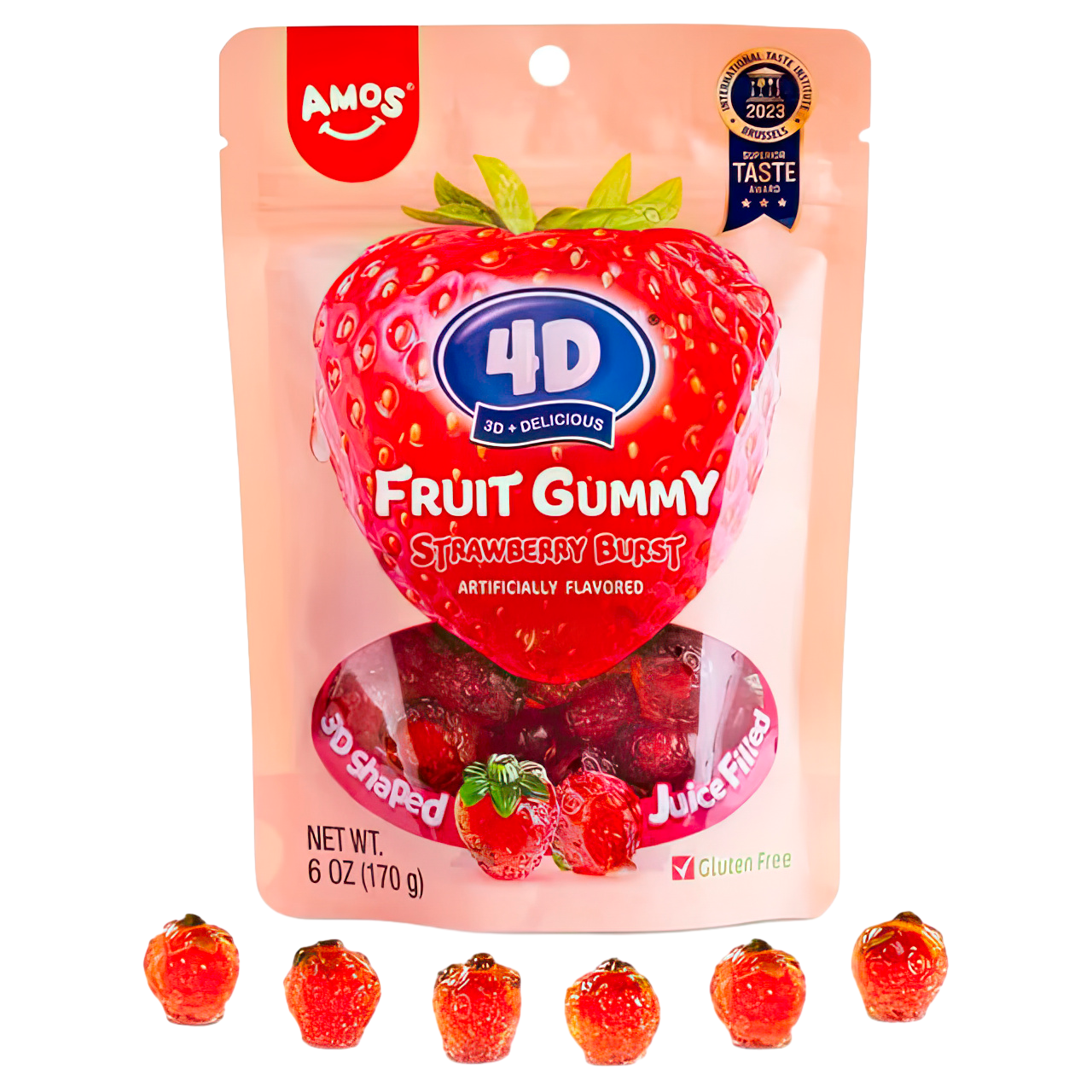 Amos 4D Gummy Candy Strawberry Burst - Fruity, Jelly-Filled, Natural Flavor - Resealable 6oz Bags (3Pack)