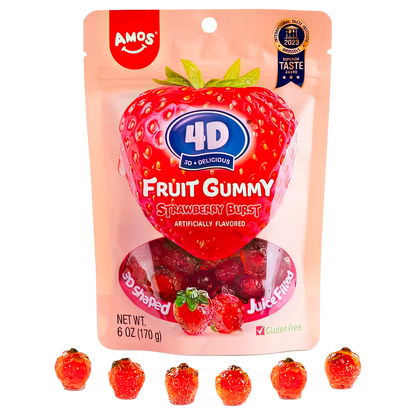 Amos 4D Gummy Candy Strawberry Burst - Fruity, Jelly-Filled, Natural Flavor - Resealable 6oz Bags (3Pack)