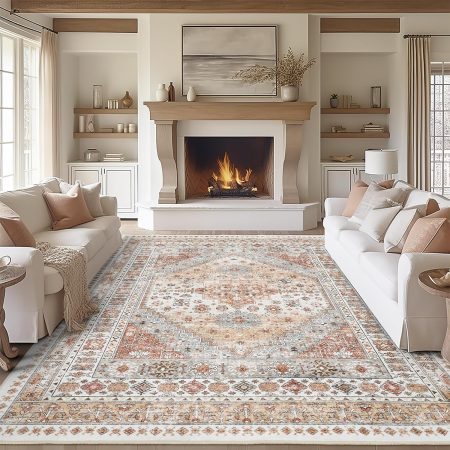 8x10 Area Rugs for Living Room,Non-Slip Backing Washable Rugs,Vintage Large Area Rug,Stain Resistant Home Decor Rug (Orange,8'x10')